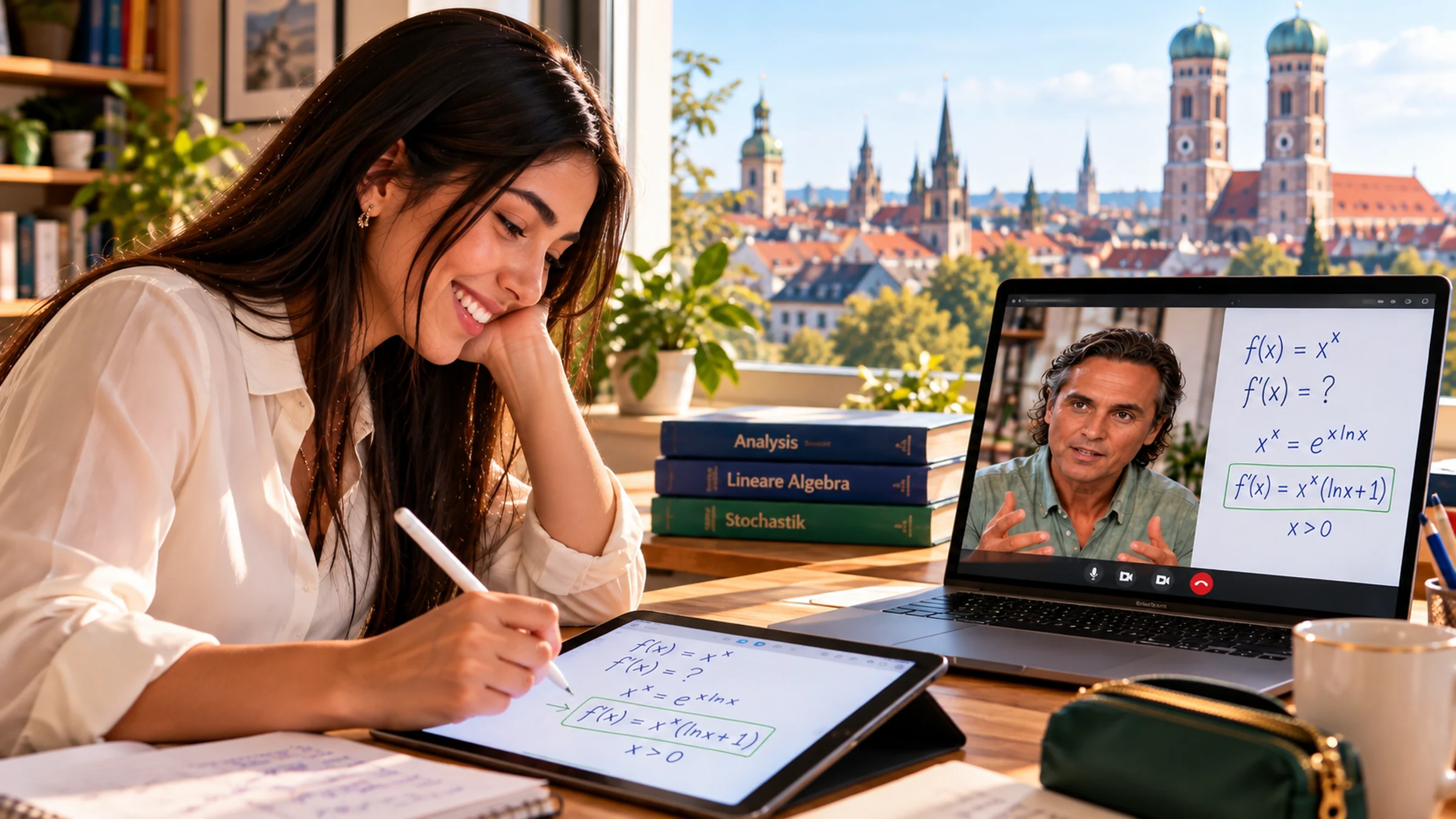 Studentin in München beim persönlichen Online-Mathematikcoaching mit Joe Leis; im Hintergrund die Frauenkirche
